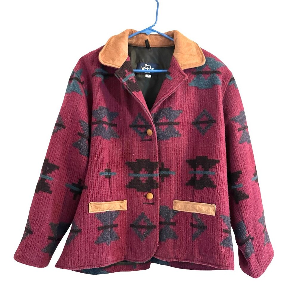VTG WOOLRICH Aztec Blanket Southwest Leather Collar Coat Wool Jacket Size M